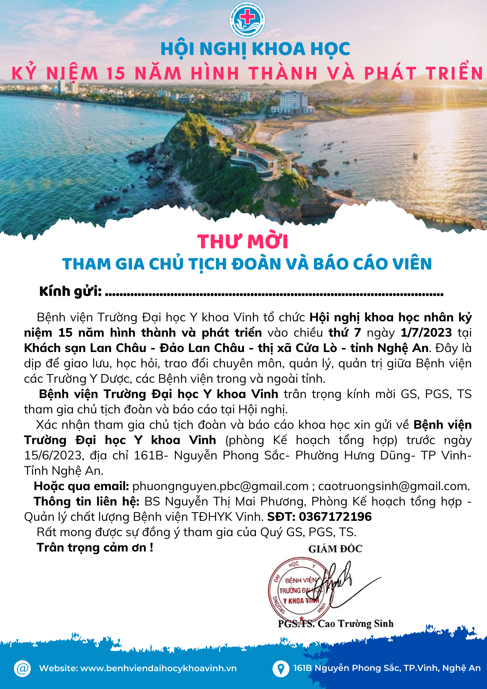 THƯ MỜI: THAM GIA CHỦ TỊCH ĐOÀN VÀ BÁO CÁO VIÊN HỘI NGHỊ KHOA HỌC KỶ NIỆM 15 NĂM HÌNH THÀNH VÀ PHÁT TRIỂN