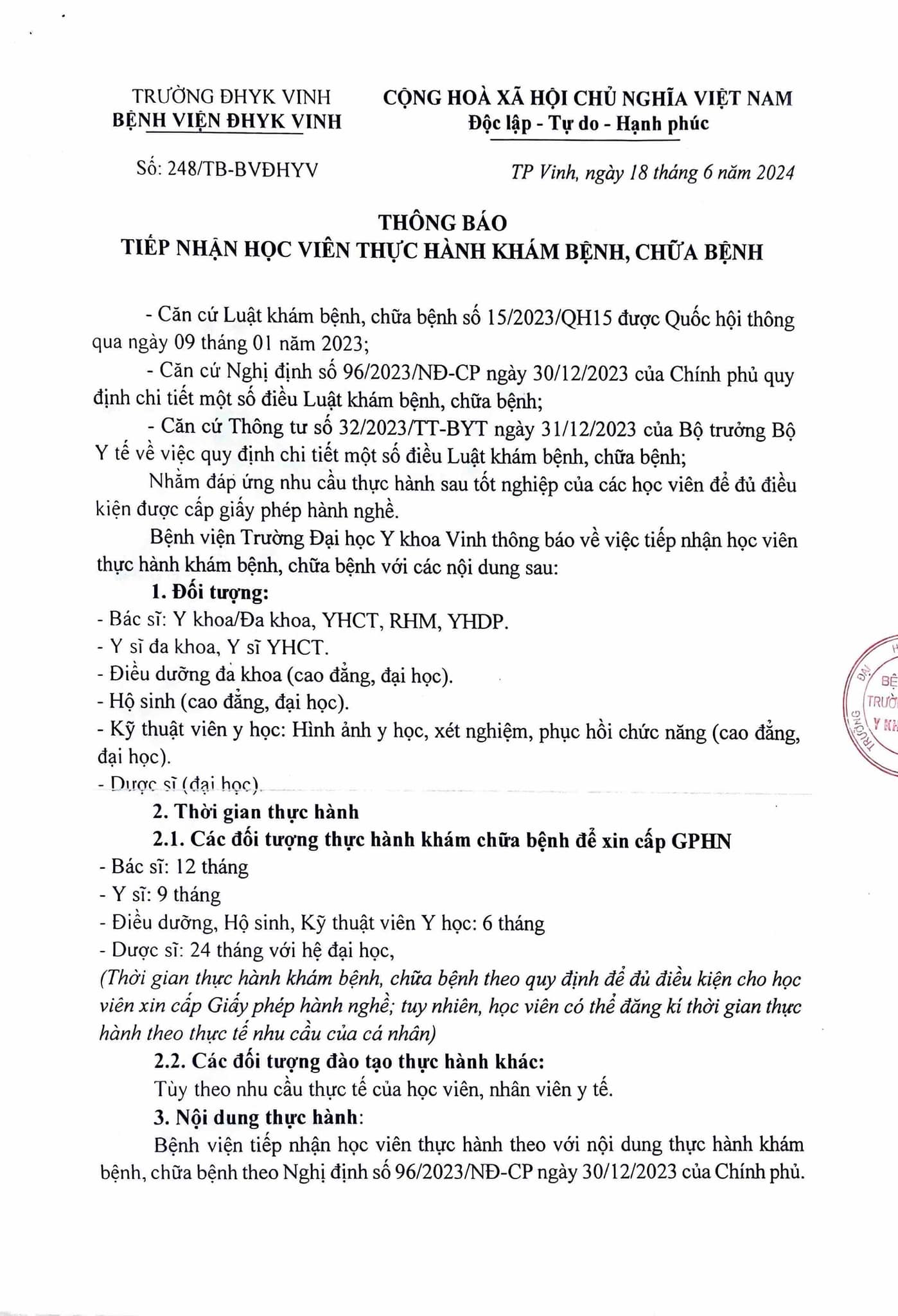 THÔNG BÁO TIẾP NHẬN HỌC VIÊN THỰC HÀNH KHÁM BỆNH, CHỮA BỆNH