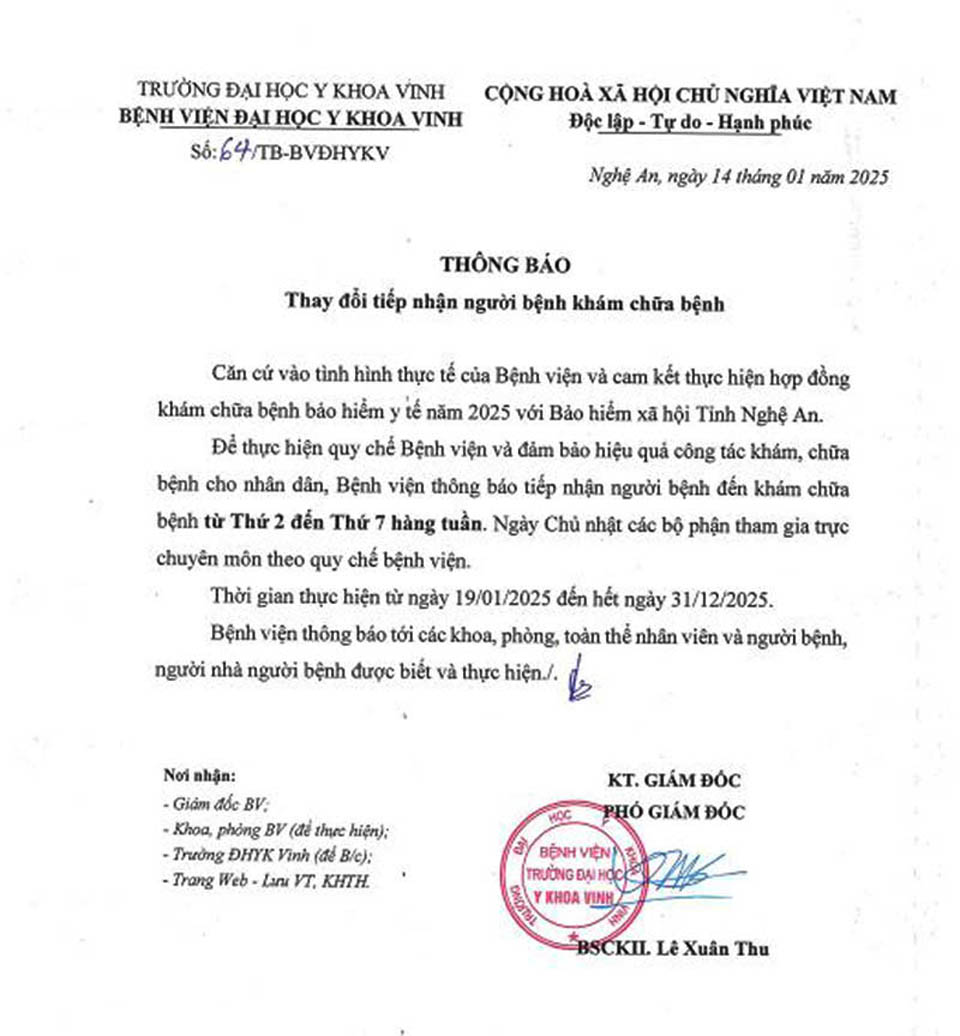 BỆNH VIỆN TRƯỜNG ĐẠI HỌC Y KHOA VINH THÔNG BÁO THAY ĐỔI TIẾP NHẬN NGƯỜI BỆNH KHÁM CHỮA BỆNH